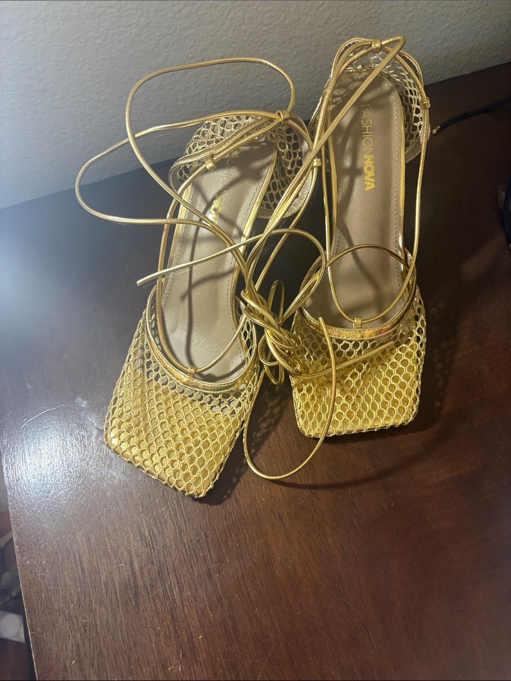 Fashion Nova Metallic Gold Lace Mesh Wrap-Heels